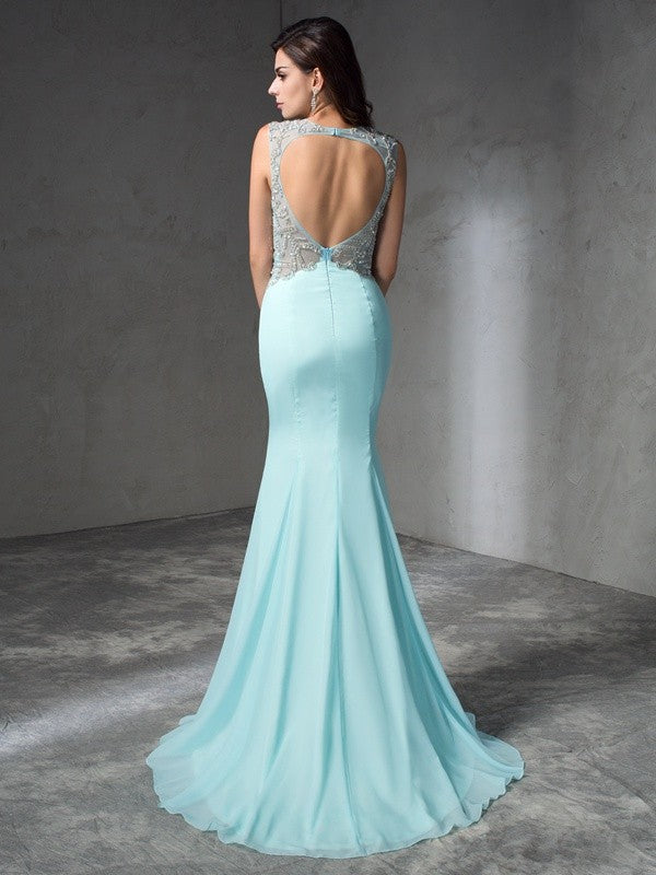 Vestidos largos de gasa sin mangas con cuentas y joya de corte trompeta/sirena