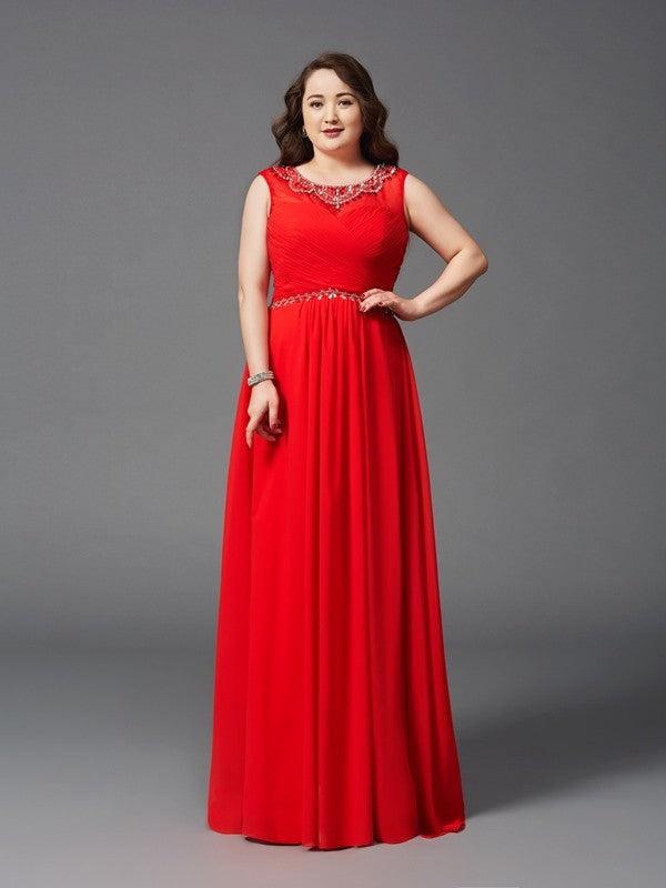 Red Chiffon A-Line Floor-Length Dress with Beaded Illusion Neckline and Ruched Bodice
