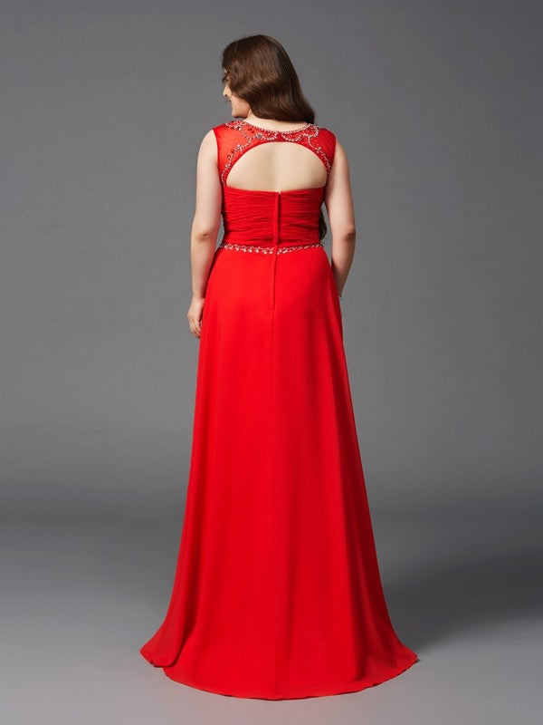Red Chiffon A-Line Floor-Length Dress with Beaded Illusion Neckline and Ruched Bodice