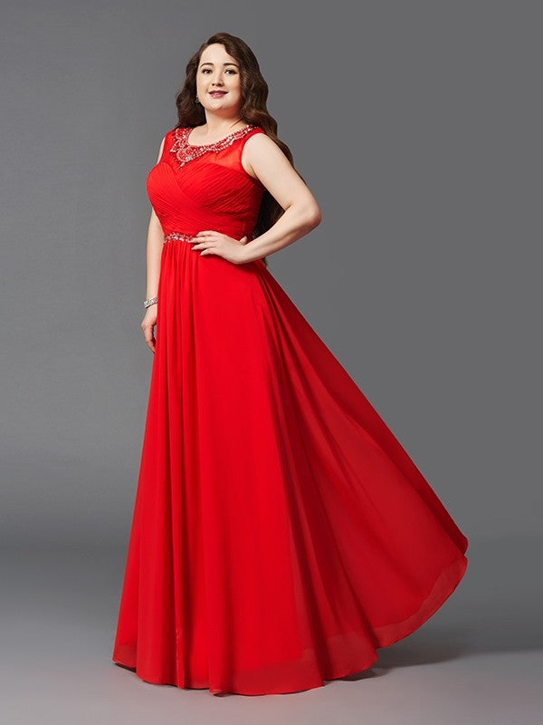 Red Chiffon A-Line Floor-Length Dress with Beaded Illusion Neckline and Ruched Bodice