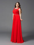 Red Chiffon A-Line Floor-Length Dress with Beaded Illusion Neckline and Ruched Bodice