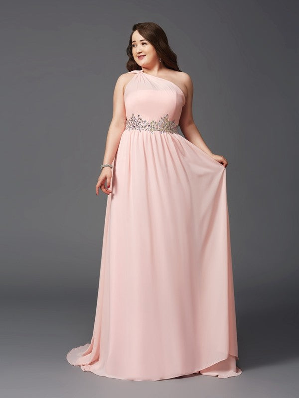 One Shoulder Beaded Waist Blushing Pink Chiffon A-Line Floor-Length Bridesmaid Dress