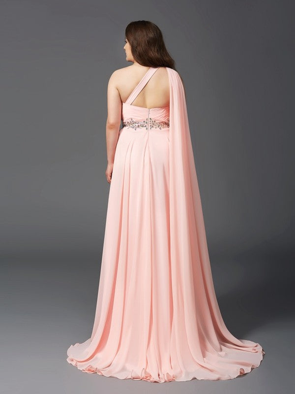 One Shoulder Beaded Waist Blushing Pink Chiffon A-Line Floor-Length Bridesmaid Dress