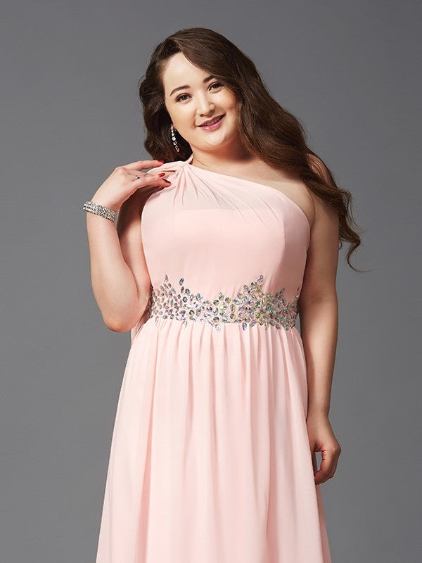 One Shoulder Beaded Waist Blushing Pink Chiffon A-Line Floor-Length Bridesmaid Dress