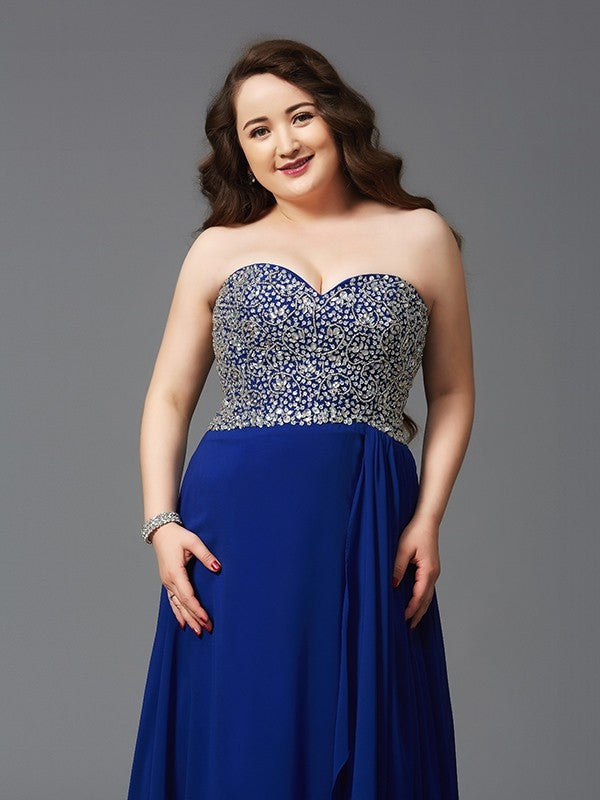A-Line/Princess Sweetheart Rhinestone Sleeveless Long Chiffon Plus Size Dresses