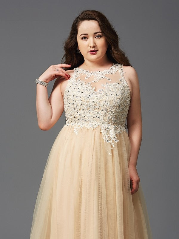 A-Line/Princess Scoop Rhinestone Sleeveless Long Net Plus Size Dresses