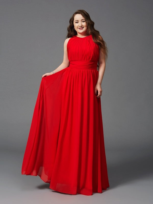 Red Chiffon A-Line Floor-Length Dress with High Neck & Back Zip