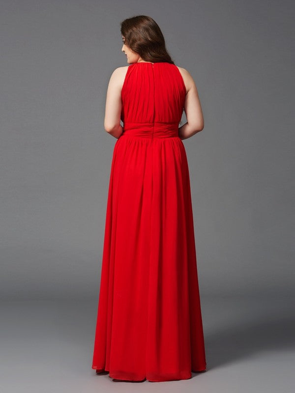Red Chiffon A-Line Floor-Length Dress with High Neck & Back Zip