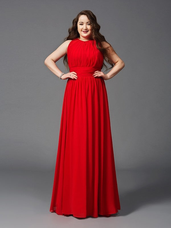 Red Chiffon A-Line Floor-Length Dress with High Neck & Back Zip