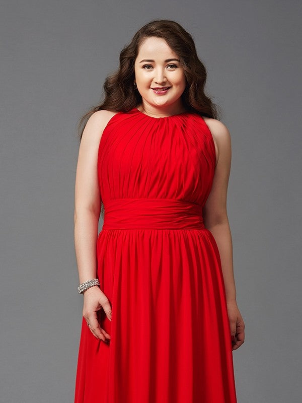 Red Chiffon A-Line Floor-Length Dress with High Neck & Back Zip