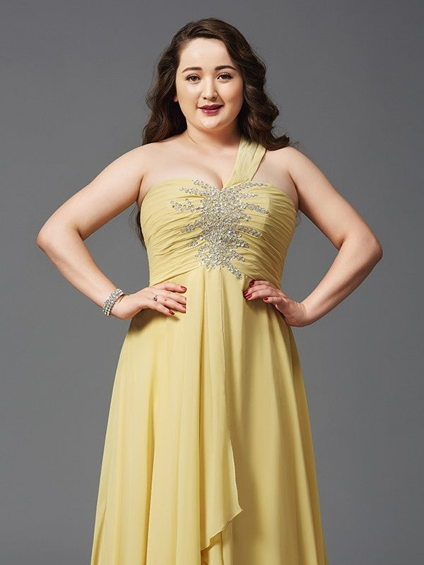 A-Line/Princess One-Shoulder Rhinestone Sleeveless Long Chiffon Plus Size Dresses