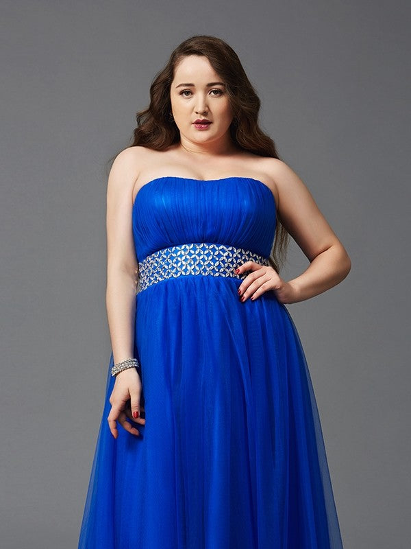 A-Line/Princess Strapless Rhinestone Sleeveless Long Net Plus Size Dresses
