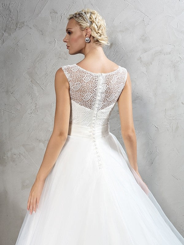 Vestidos de novia largos de red sin mangas con cuello transparente, faja/cinta/cinturón