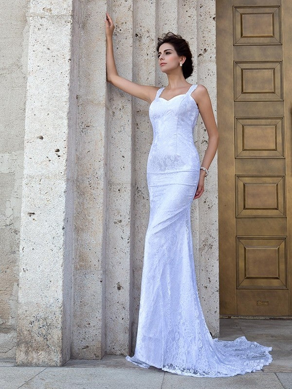 Vestidos de novia largos de encaje sin mangas con tirantes y corte tubo/columna