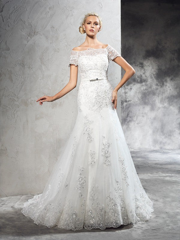 Ivory Lace Mermaid Off-the-Shoulder Floor-Length Bridesmaid Dress