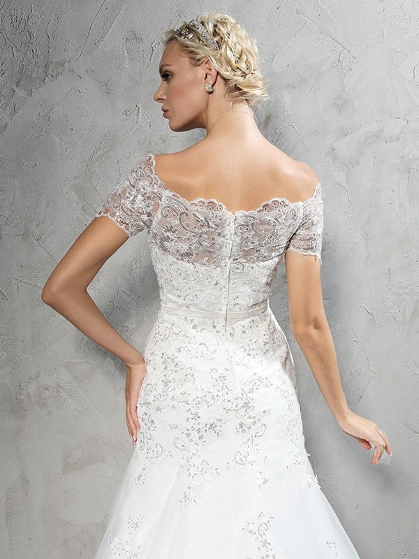 Ivory Lace Mermaid Off-the-Shoulder Floor-Length Bridesmaid Dress