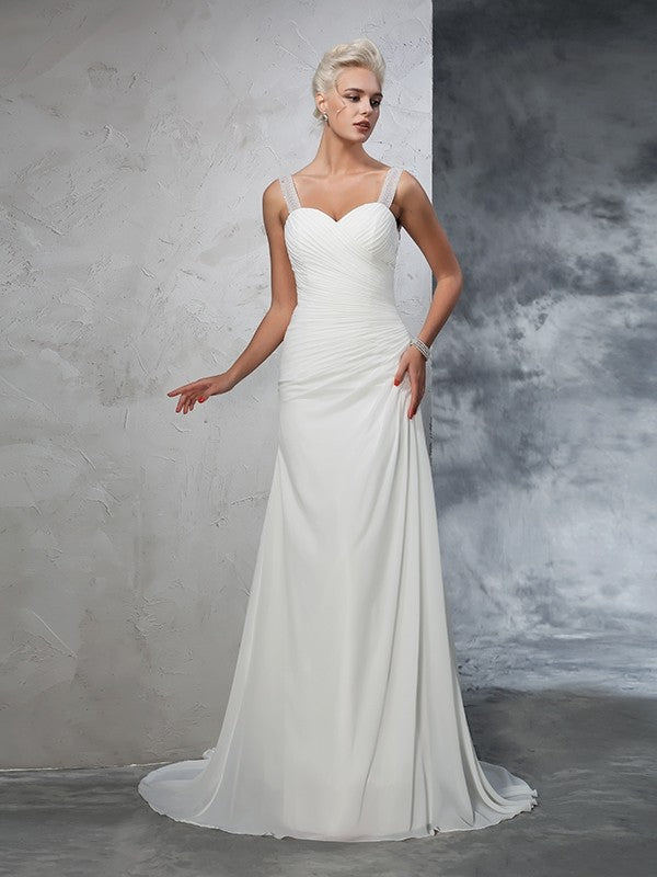 Abiti da sposa lunghi in chiffon senza maniche con arricciature e spalline a tromba/sirena