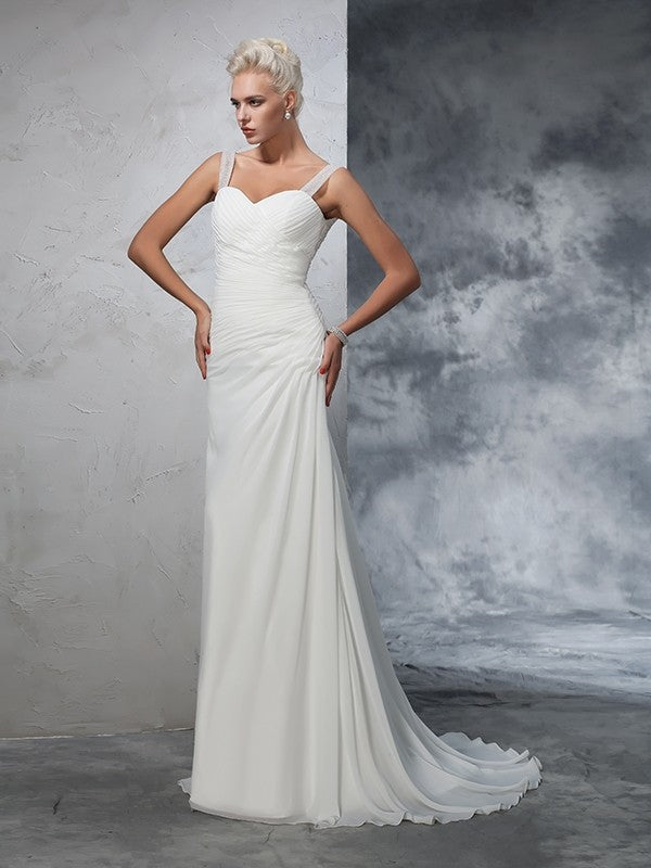 Abiti da sposa lunghi in chiffon senza maniche con arricciature e spalline a tromba/sirena