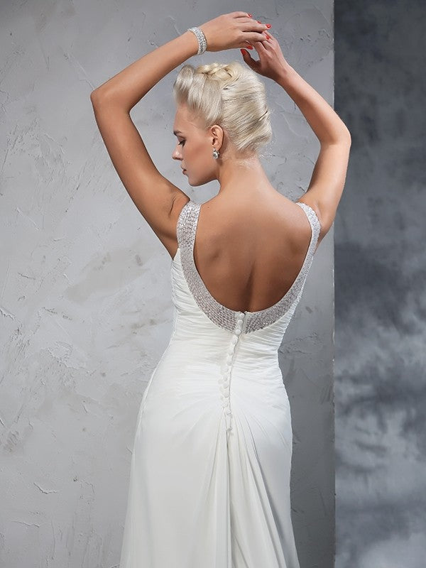 Abiti da sposa lunghi in chiffon senza maniche con arricciature e spalline a tromba/sirena