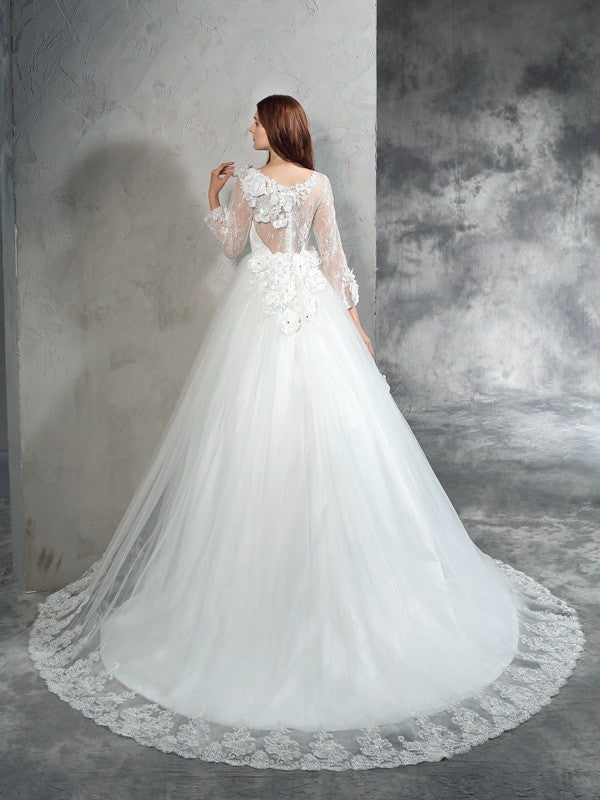 Ivory Tulle Ball Gown Floor-Length with 3D Floral Appliques & Illusion Long Sleeves