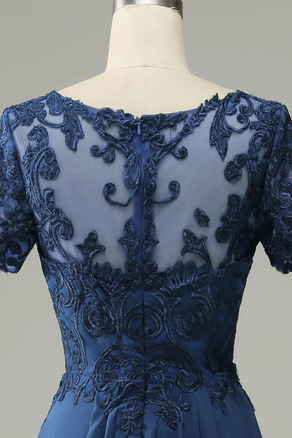 Dark Navy Chiffon A-Line V-Neck Floor-Length Bridesmaid Dress with Short Lace Sleeves