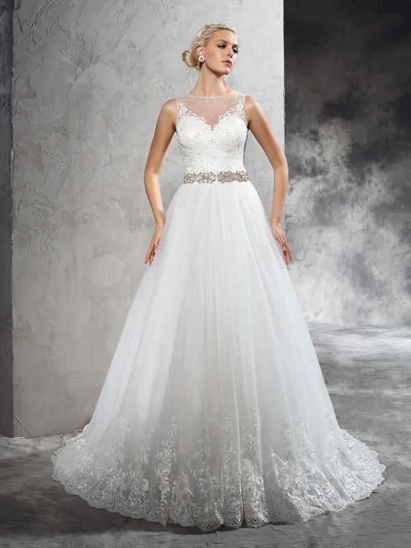 Vestidos de novia de corte A/princesa, con escote transparente, abalorios, sin mangas, de red larga