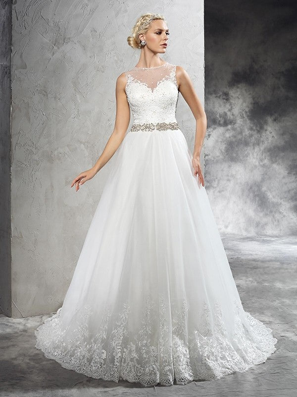 Vestidos de novia de corte A/princesa, con escote transparente, abalorios, sin mangas, de red larga
