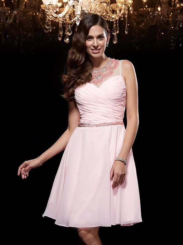 Vestidos cortos de gasa sin mangas con escote en A/princesa y cuentas