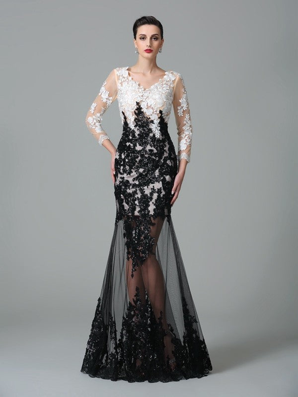 Vestidos largos de red con mangas 3/4 y encaje, escote en V y corte tubo/columna