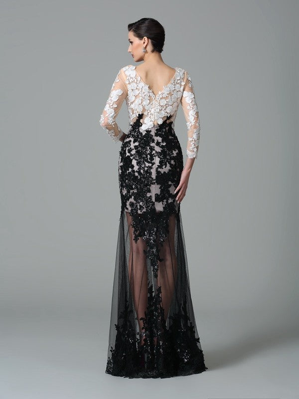 Vestidos largos de red con mangas 3/4 y encaje, escote en V y corte tubo/columna