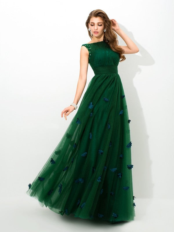 Vestidos largos de red sin mangas con cuello transparente y cuentas de corte A/princesa