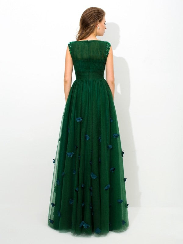 Forest Green Tulle A-Line Floor-Length Dress with Boat Neck & Ruched Bodice + 3D Floral Appliques