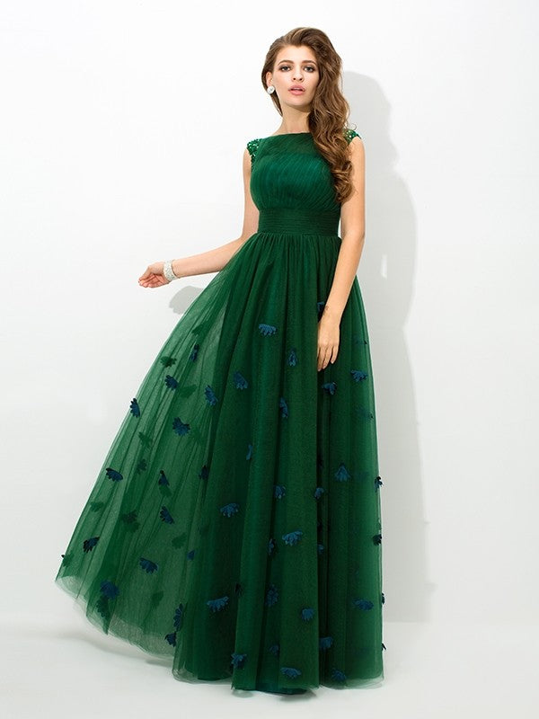 Forest Green Tulle A-Line Floor-Length Dress with Boat Neck & Ruched Bodice + 3D Floral Appliques