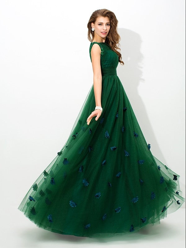 Forest Green Tulle A-Line Floor-Length Dress with Boat Neck & Ruched Bodice + 3D Floral Appliques