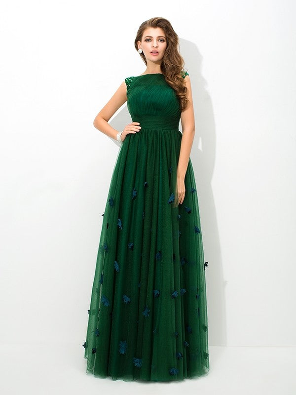 Forest Green Tulle A-Line Floor-Length Dress with Boat Neck & Ruched Bodice + 3D Floral Appliques