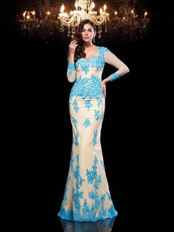 Champagne Lace Chiffon Mermaid Floor-Length Dress with Sweetheart Neckline and Sheer Long Sleeves