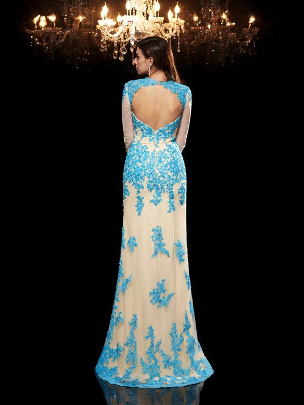 Champagne Lace Chiffon Mermaid Floor-Length Dress with Sweetheart Neckline and Sheer Long Sleeves