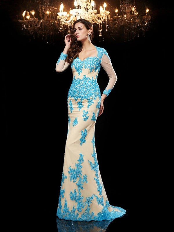 Champagne Lace Chiffon Mermaid Floor-Length Dress with Sweetheart Neckline and Sheer Long Sleeves
