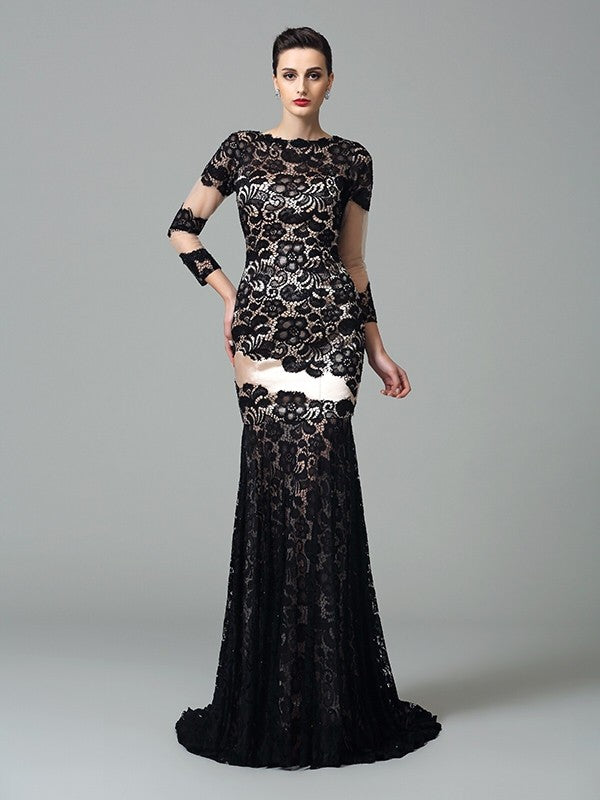 Abiti lunghi in raso intrecciato con maniche a 3/4, collo alto e pizzo a tubino