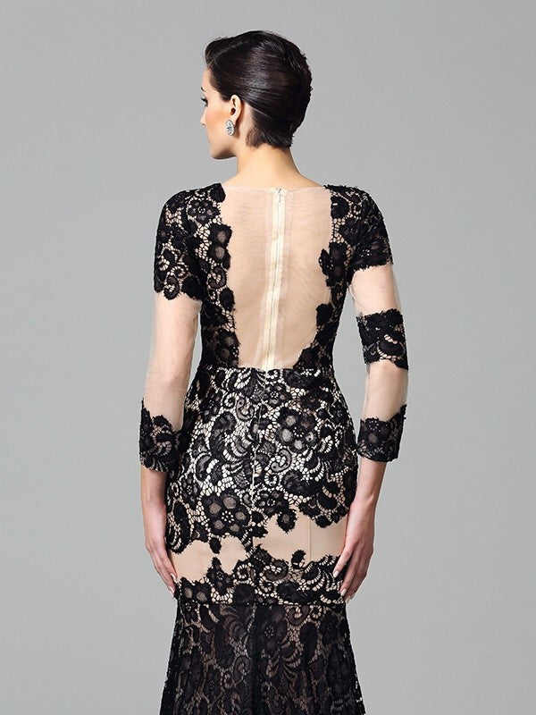 Vestidos largos de satén tejido con mangas 3/4 y encaje, cuello alto y corte tubo/columna