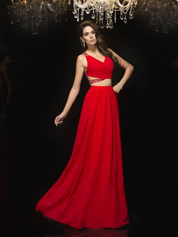 Red Chiffon Two-Piece A-Line Floor-Length Dress with V-Neck & Beaded Cut-Outs