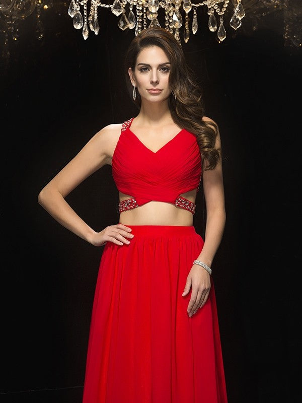 Red Chiffon Two-Piece A-Line Floor-Length Dress with V-Neck & Beaded Cut-Outs