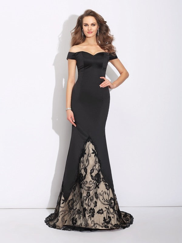 Black Satin Mermaid Floor-Length with Off-the-Shoulder Sweetheart Neckline & Lace Insert Skirt