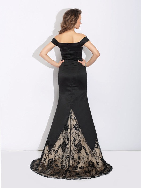 Black Satin Mermaid Floor-Length with Off-the-Shoulder Sweetheart Neckline & Lace Insert Skirt
