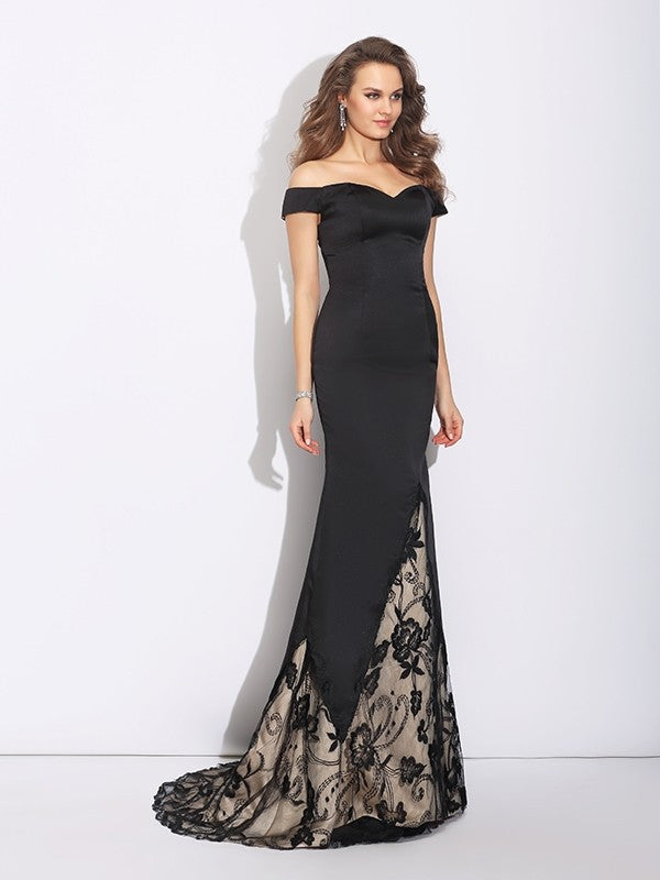 Black Satin Mermaid Floor-Length with Off-the-Shoulder Sweetheart Neckline & Lace Insert Skirt