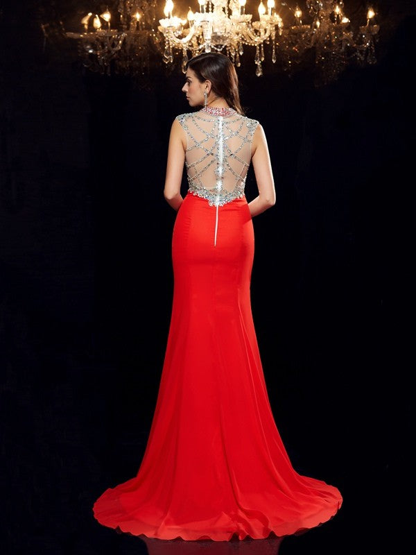 Trumpet/Mermaid Scoop Beading Sleeveless Long Chiffon Dresses