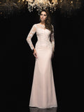Blushing Pink Chiffon & Lace Sheath/column Floor-Length Illusion Neck Dress with Lace Illusion Sleeves & Beaded Bodice