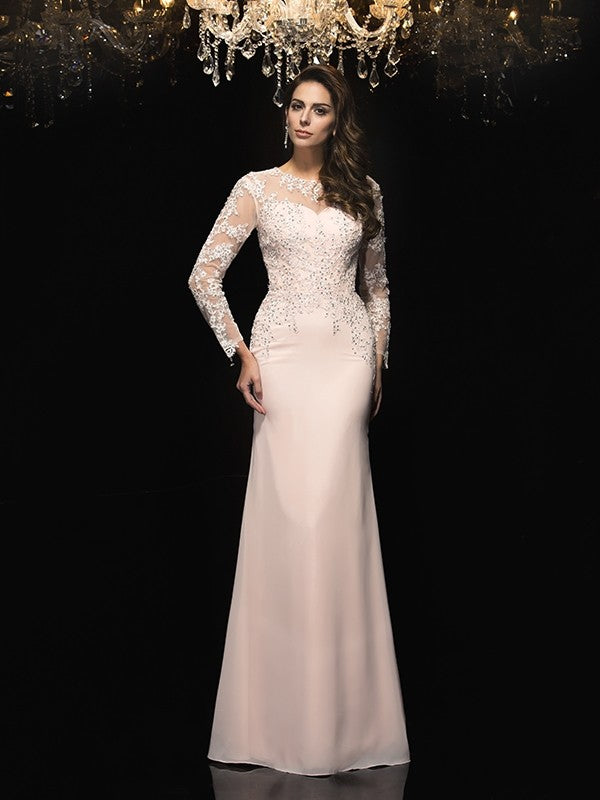 Blushing Pink Chiffon & Lace Sheath/column Floor-Length Illusion Neck Dress with Lace Illusion Sleeves & Beaded Bodice