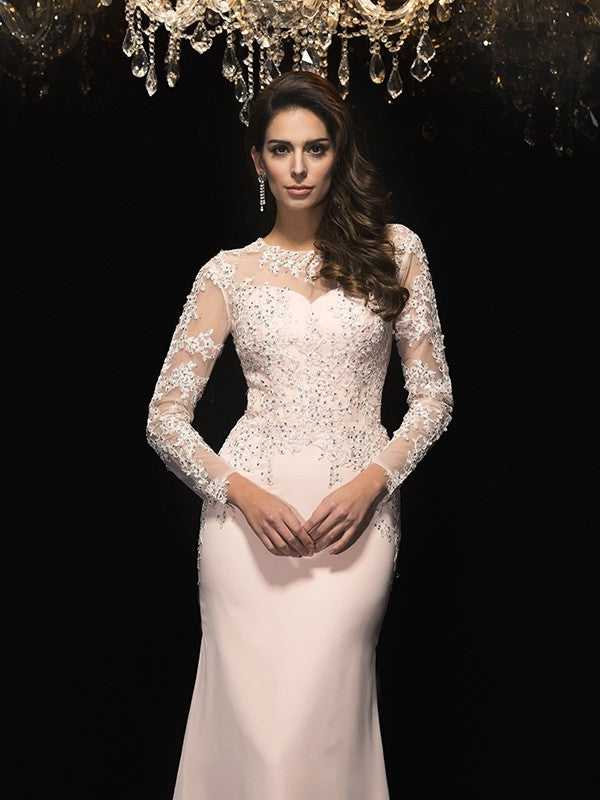 Blushing Pink Chiffon & Lace Sheath/column Floor-Length Illusion Neck Dress with Lace Illusion Sleeves & Beaded Bodice