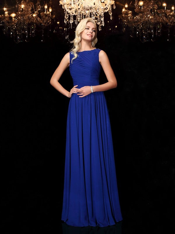 Royal Blue Chiffon A-Line Boat Neck Floor-Length Bridesmaid Dress